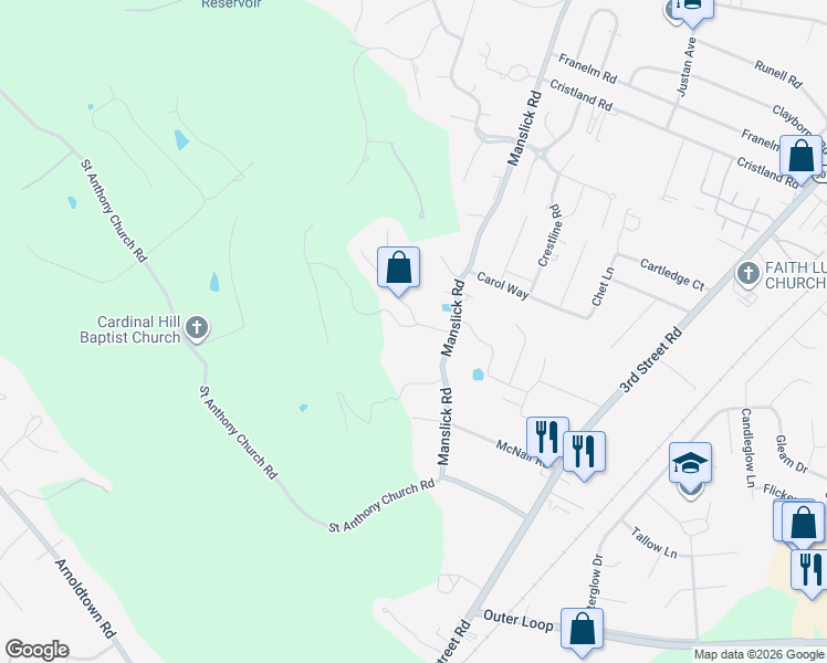 map of restaurants, bars, coffee shops, grocery stores, and more near 8236 Red Stone Hill Road in Louisville