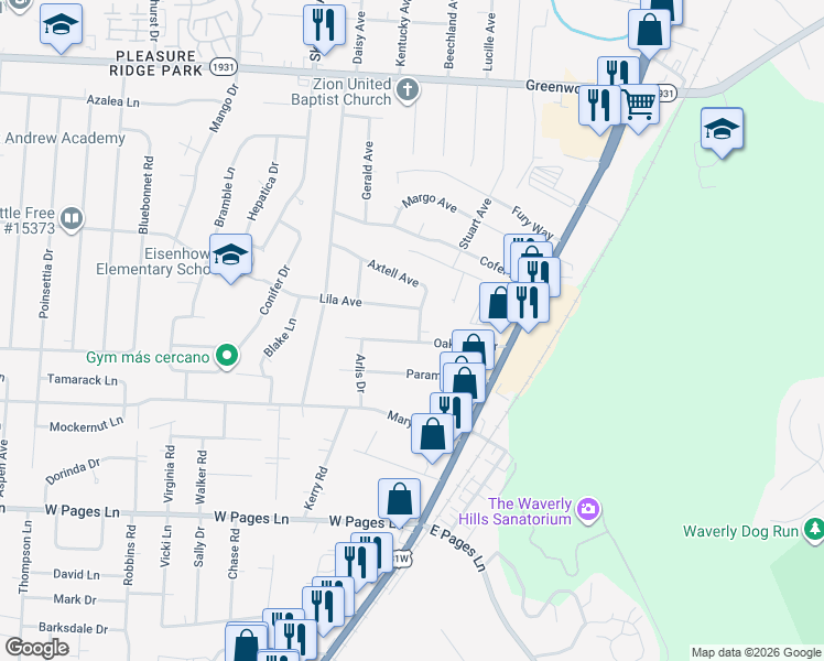 map of restaurants, bars, coffee shops, grocery stores, and more near 26 Axtell Avenue in Louisville