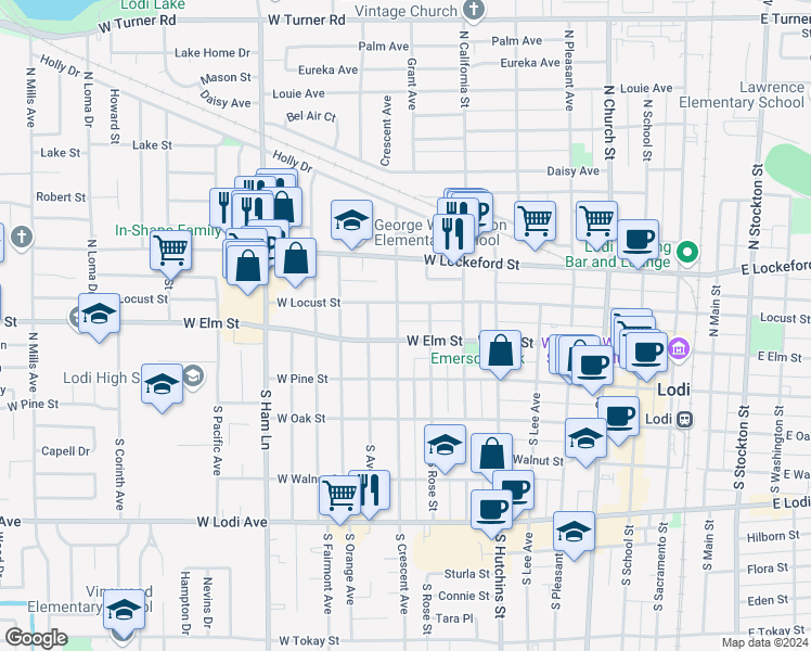 map of restaurants, bars, coffee shops, grocery stores, and more near 110 North Crescent Avenue in Lodi