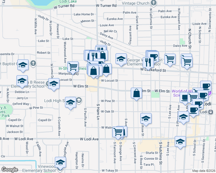 map of restaurants, bars, coffee shops, grocery stores, and more near 1111 West Elm Street in Lodi