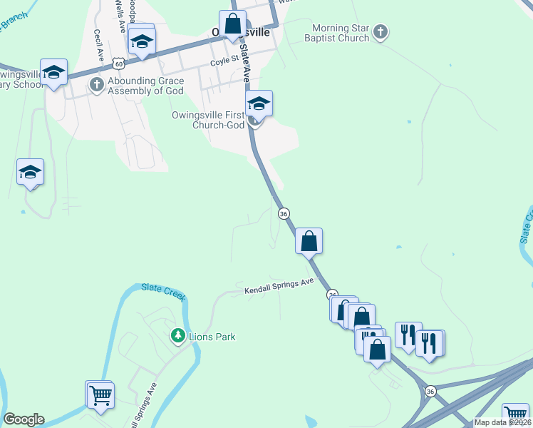 map of restaurants, bars, coffee shops, grocery stores, and more near 87 Water Plant Road in Owingsville