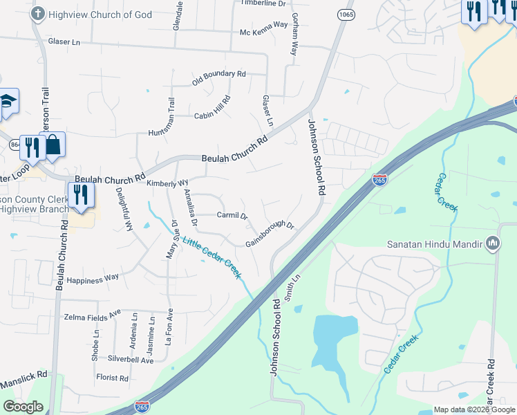 map of restaurants, bars, coffee shops, grocery stores, and more near 8511 Carmil Drive in Louisville