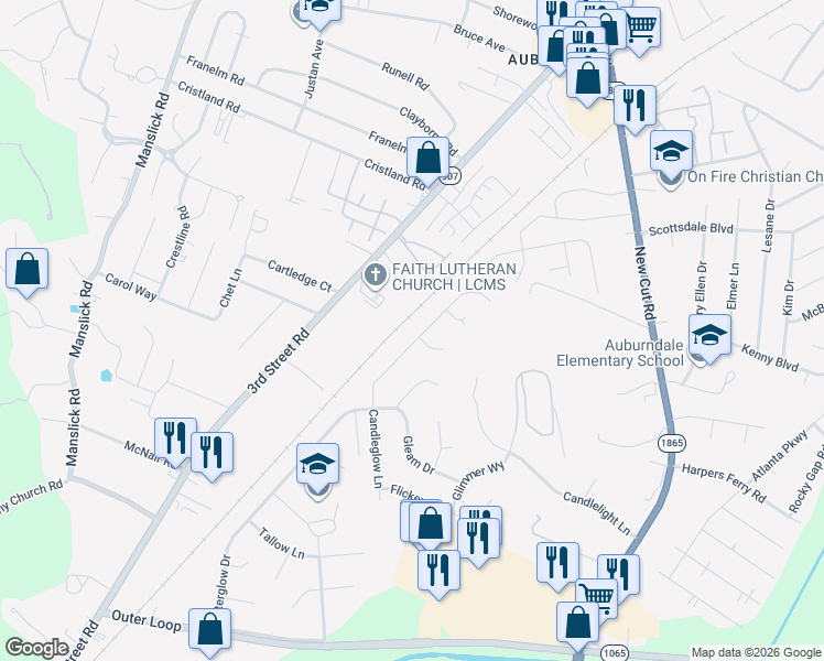 map of restaurants, bars, coffee shops, grocery stores, and more near 7923 Candleglow Lane in Louisville