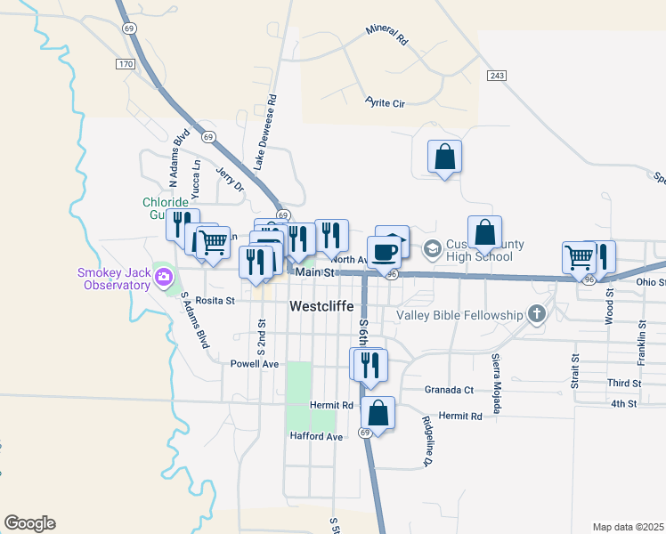 map of restaurants, bars, coffee shops, grocery stores, and more near Cliff Street in Silver Cliff