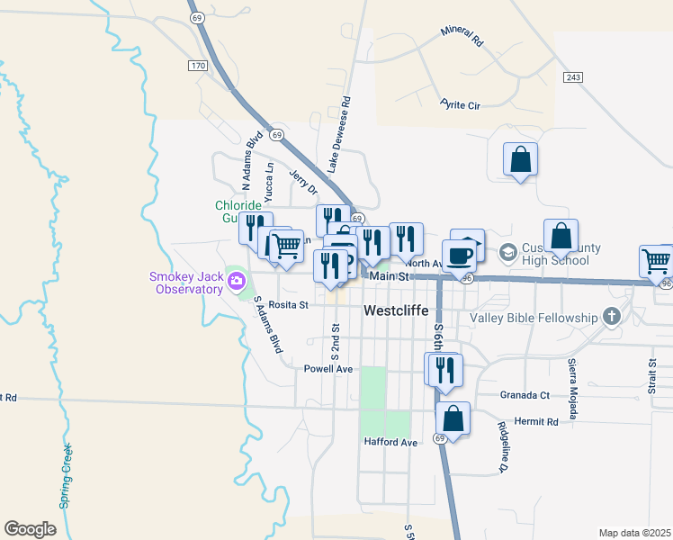map of restaurants, bars, coffee shops, grocery stores, and more near 116 North 2nd Street in Westcliffe