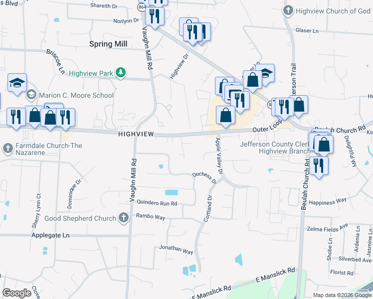 map of restaurants, bars, coffee shops, grocery stores, and more near 7701 Hogans Run in Louisville