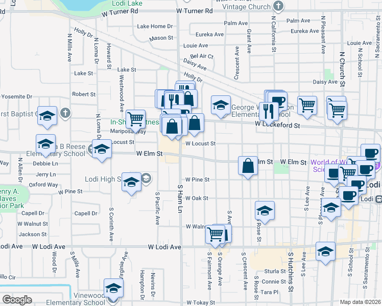 map of restaurants, bars, coffee shops, grocery stores, and more near 1111 West Elm Street in Lodi