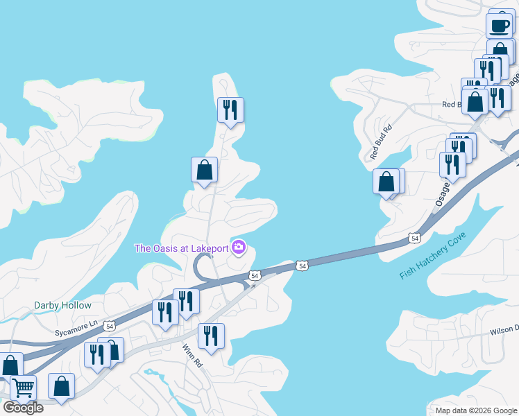 map of restaurants, bars, coffee shops, grocery stores, and more near 5027 Lakeport Drive in Osage Beach