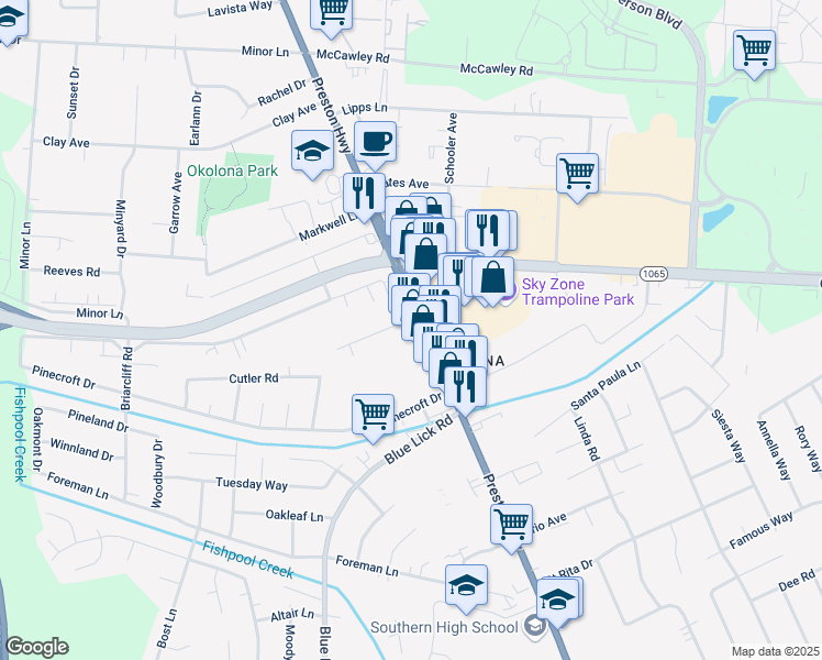 map of restaurants, bars, coffee shops, grocery stores, and more near 8000 Preston Highway in Louisville