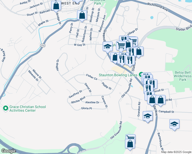 map of restaurants, bars, coffee shops, grocery stores, and more near 801 Fisher Circle in Staunton