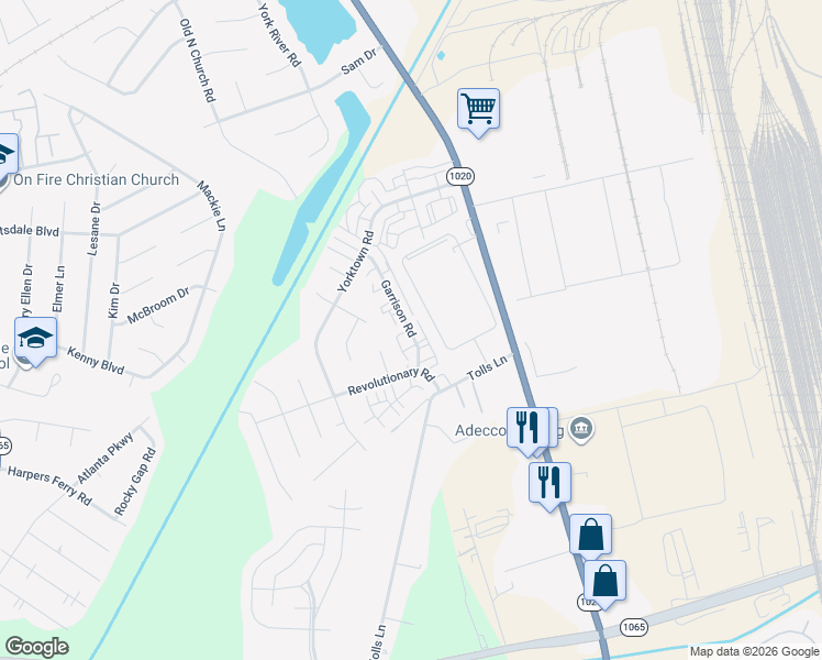 map of restaurants, bars, coffee shops, grocery stores, and more near 7520 Garrison Road in Louisville