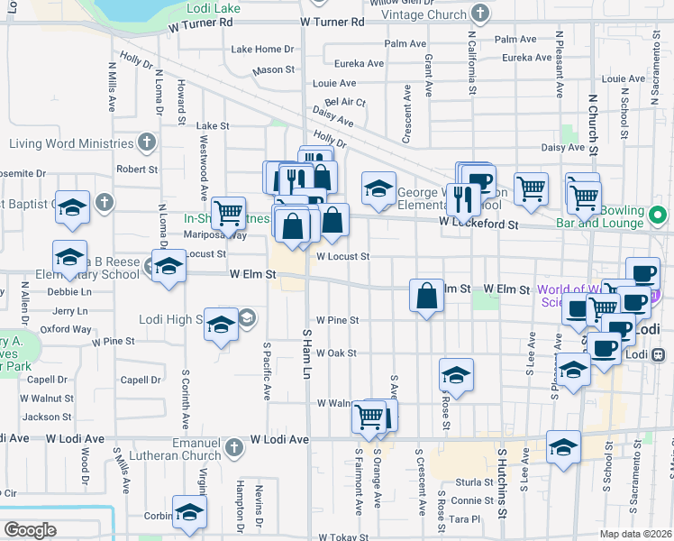 map of restaurants, bars, coffee shops, grocery stores, and more near 1115 West Elm Street in Lodi