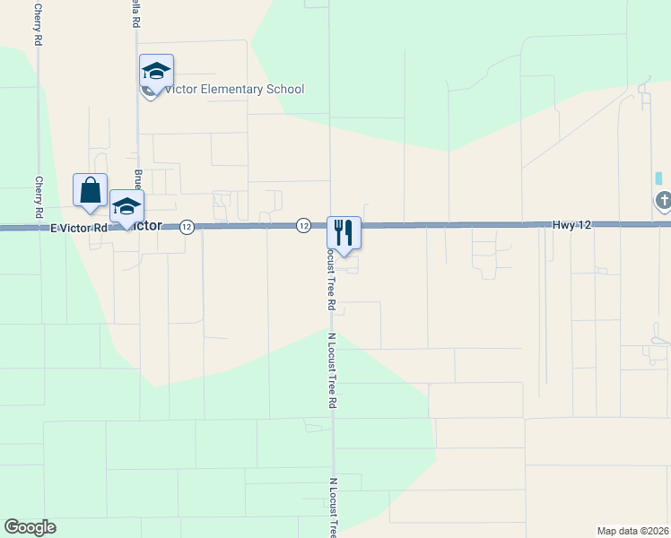 map of restaurants, bars, coffee shops, grocery stores, and more near 17036 North Locust Tree Road in Lodi