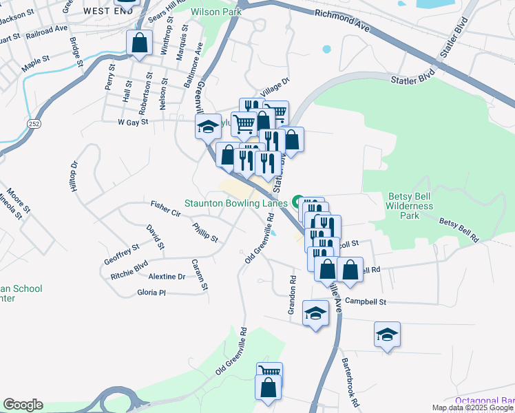 map of restaurants, bars, coffee shops, grocery stores, and more near 710 Charles Street in Staunton