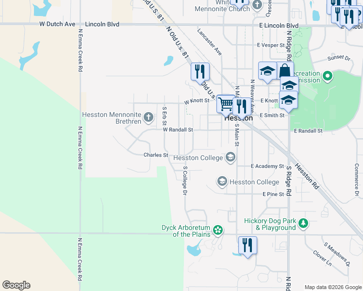 map of restaurants, bars, coffee shops, grocery stores, and more near 213 S Roupp St in Hesston
