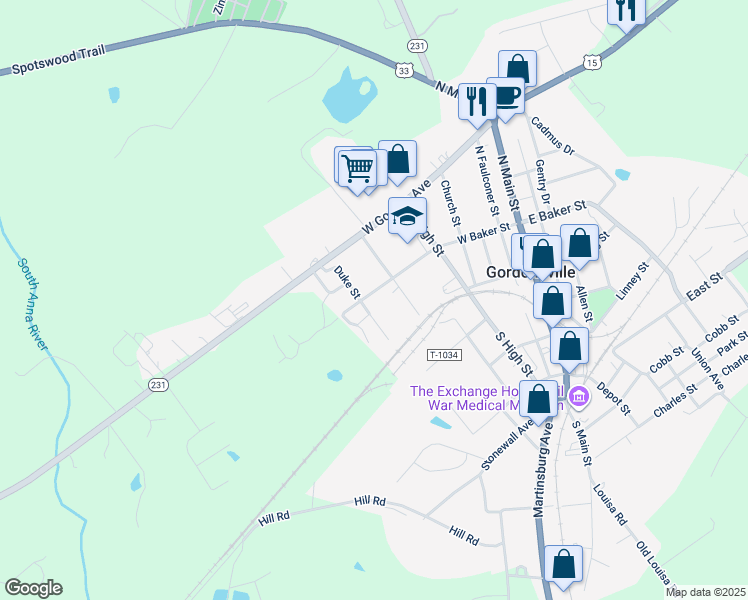 map of restaurants, bars, coffee shops, grocery stores, and more near 607 West Baker Street in Gordonsville