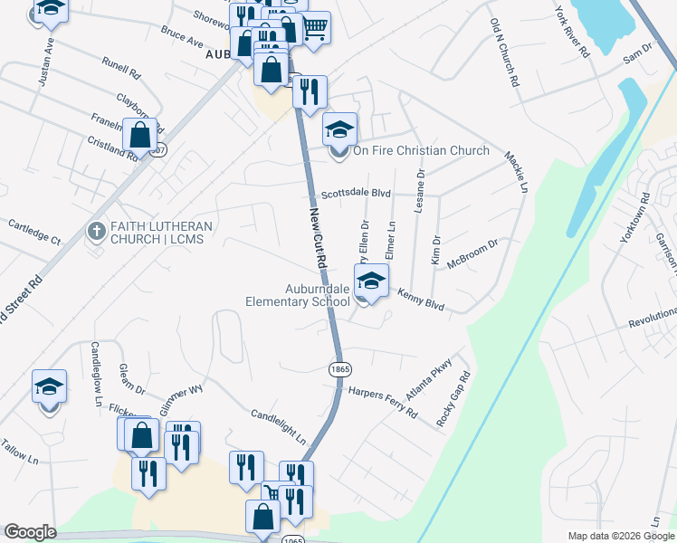 map of restaurants, bars, coffee shops, grocery stores, and more near 5729 New Cut Road in Louisville