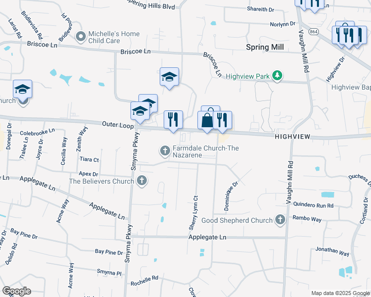 map of restaurants, bars, coffee shops, grocery stores, and more near 6456 Outer Loop in Louisville