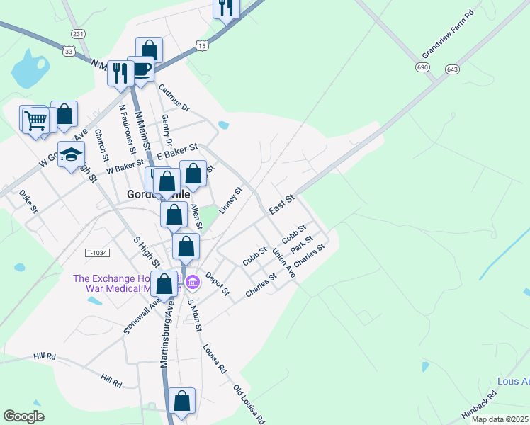 map of restaurants, bars, coffee shops, grocery stores, and more near 334 East Street in Gordonsville