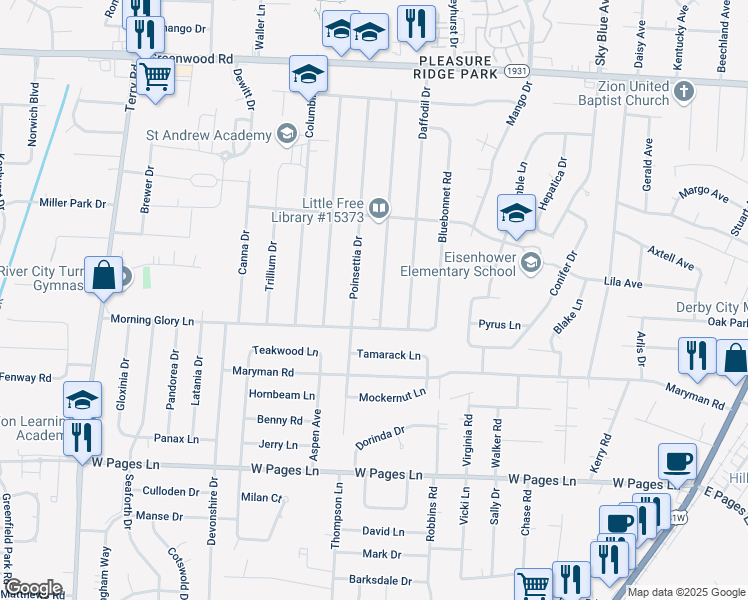 map of restaurants, bars, coffee shops, grocery stores, and more near 8012 Carnation Drive in Louisville