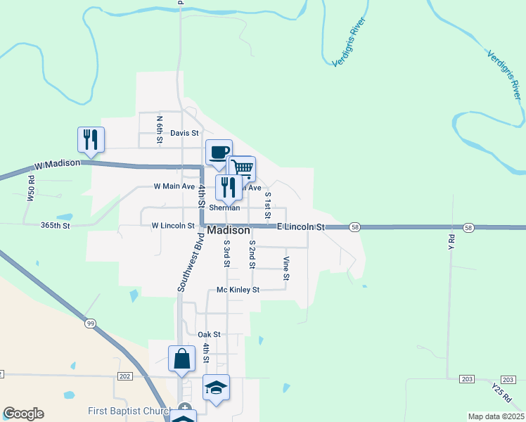 map of restaurants, bars, coffee shops, grocery stores, and more near 201 South 1st Street in Madison