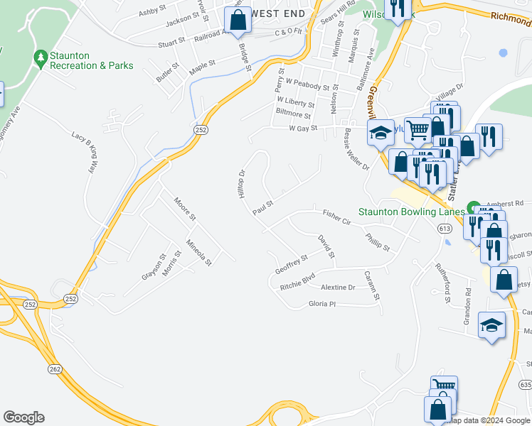 map of restaurants, bars, coffee shops, grocery stores, and more near 836 Paul Street in Staunton