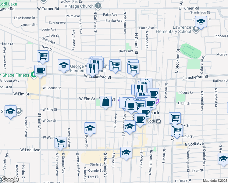 map of restaurants, bars, coffee shops, grocery stores, and more near 411 West Elm Street in Lodi