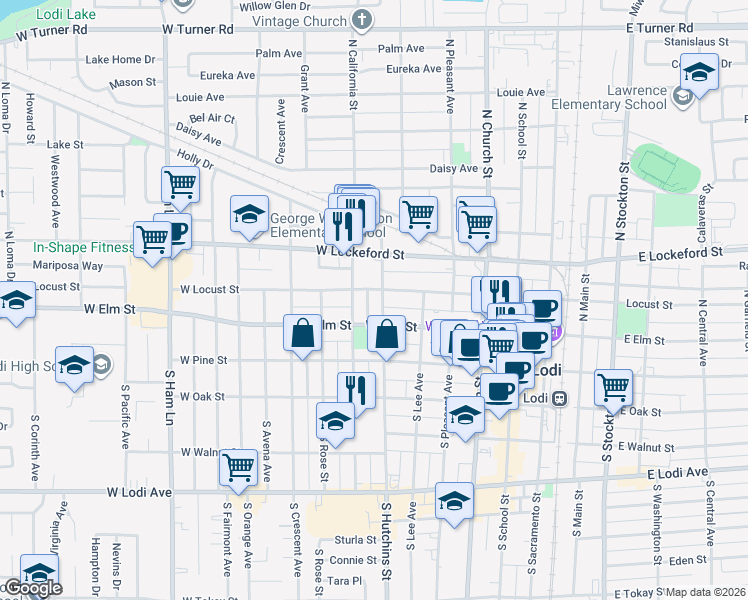 map of restaurants, bars, coffee shops, grocery stores, and more near 105 North Hutchins Street in Lodi