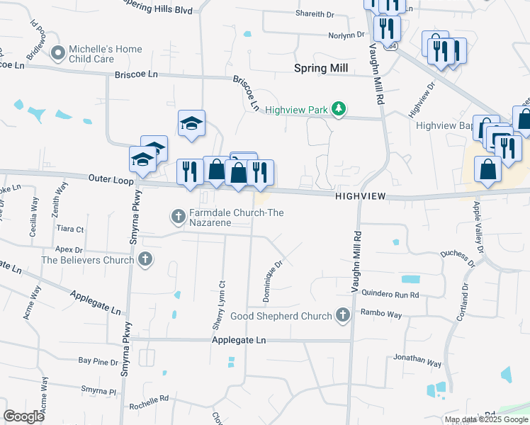map of restaurants, bars, coffee shops, grocery stores, and more near 7703 Yvette Court in Louisville