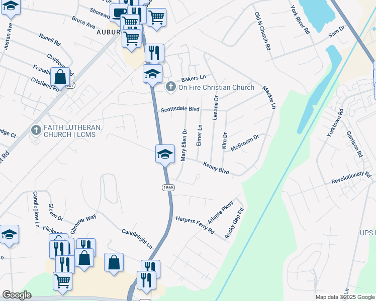 map of restaurants, bars, coffee shops, grocery stores, and more near 5801 Mary Ellen Drive in Louisville