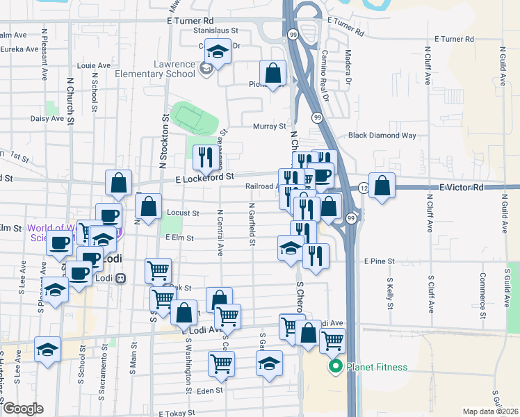 map of restaurants, bars, coffee shops, grocery stores, and more near 511 Locust Street in Lodi
