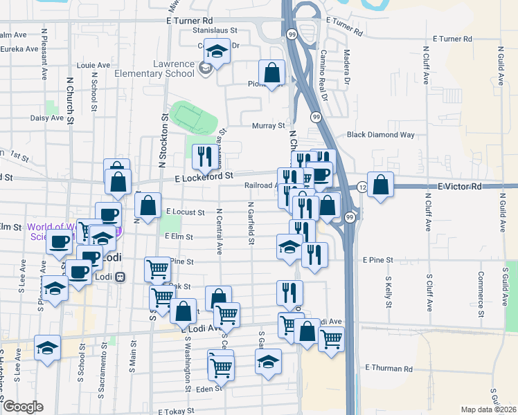 map of restaurants, bars, coffee shops, grocery stores, and more near 511 Locust Street in Lodi