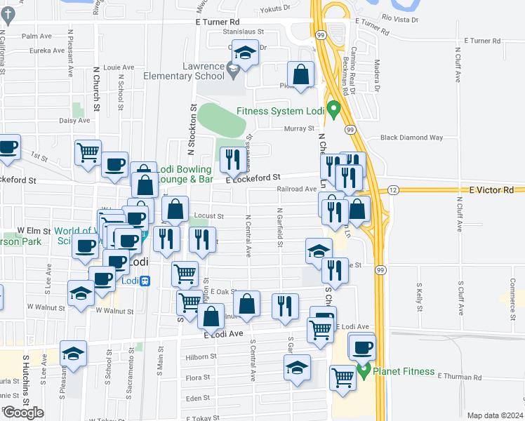 map of restaurants, bars, coffee shops, grocery stores, and more near 420 Locust Street in Lodi