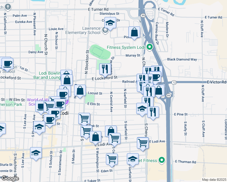 map of restaurants, bars, coffee shops, grocery stores, and more near 420 Locust Street in Lodi