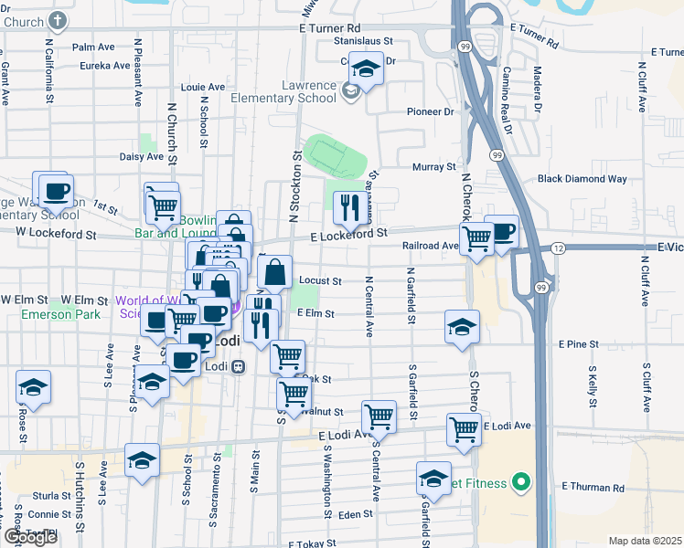 map of restaurants, bars, coffee shops, grocery stores, and more near 118 North Washington Street in Lodi