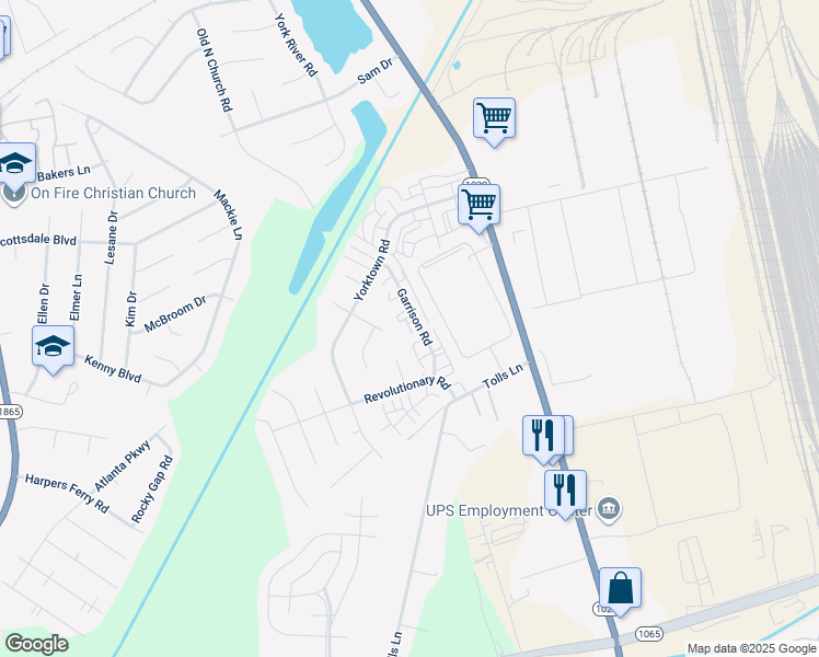 map of restaurants, bars, coffee shops, grocery stores, and more near 7524 Garrison Road in Louisville