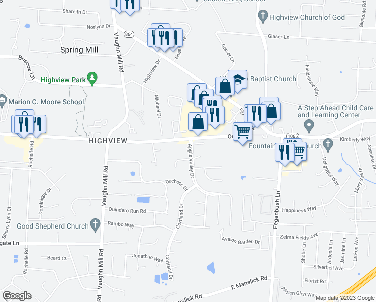 map of restaurants, bars, coffee shops, grocery stores, and more near 7704 Apple Valley Drive in Louisville