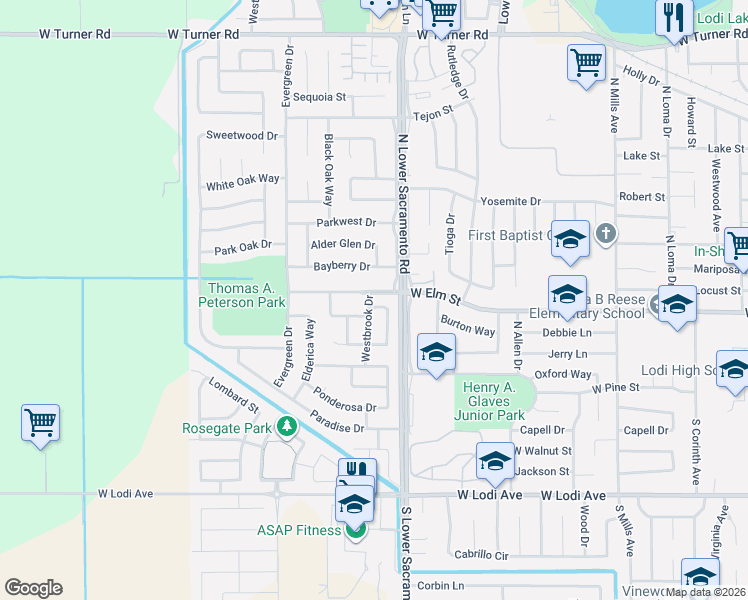 map of restaurants, bars, coffee shops, grocery stores, and more near 88 Westbrook Drive in Lodi