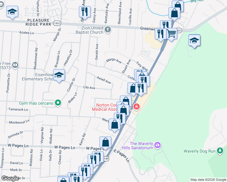 map of restaurants, bars, coffee shops, grocery stores, and more near 26 Axtell Avenue in Louisville