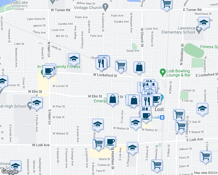 map of restaurants, bars, coffee shops, grocery stores, and more near 105 North Hutchins Street in Lodi