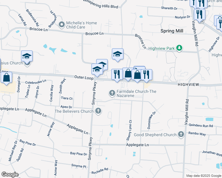 map of restaurants, bars, coffee shops, grocery stores, and more near 6446 Outer Loop in Louisville