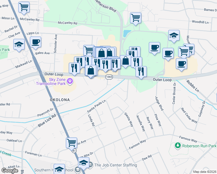 map of restaurants, bars, coffee shops, grocery stores, and more near 4515 Lambert Road in Louisville