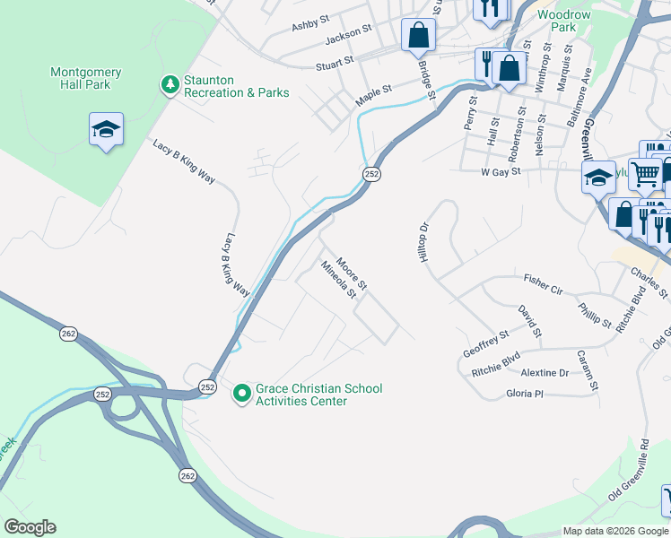map of restaurants, bars, coffee shops, grocery stores, and more near 701-899 Moore Street in Staunton