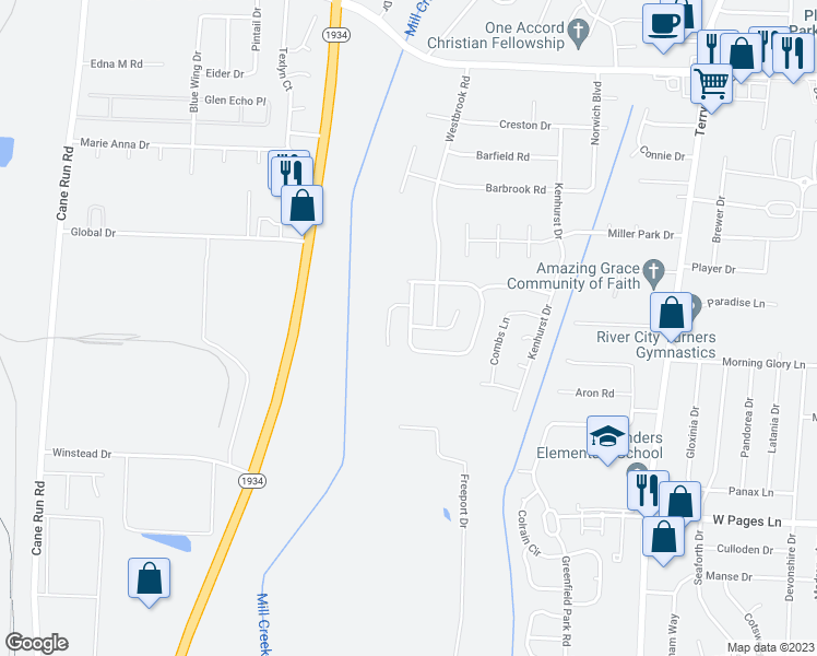 map of restaurants, bars, coffee shops, grocery stores, and more near 9833 Brooks Bend Road in Louisville