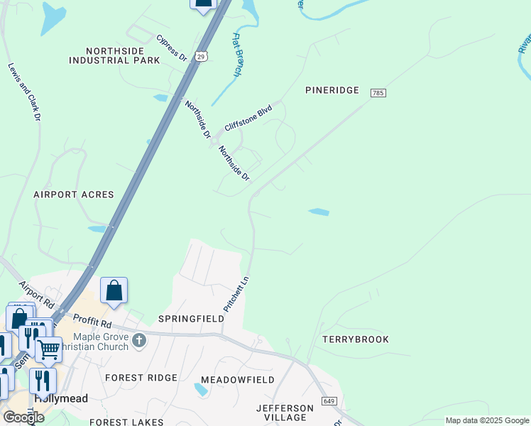 map of restaurants, bars, coffee shops, grocery stores, and more near 3619 Pritchett Lane in Charlottesville
