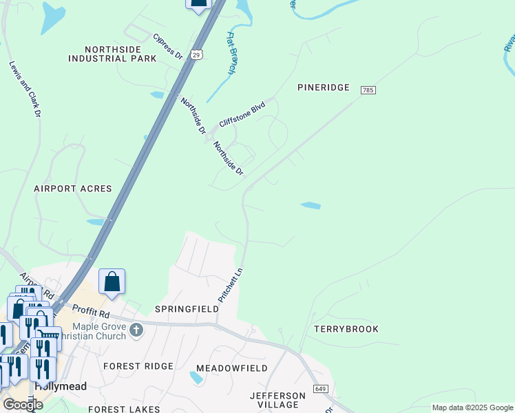 map of restaurants, bars, coffee shops, grocery stores, and more near 3619 Pritchett Lane in Charlottesville