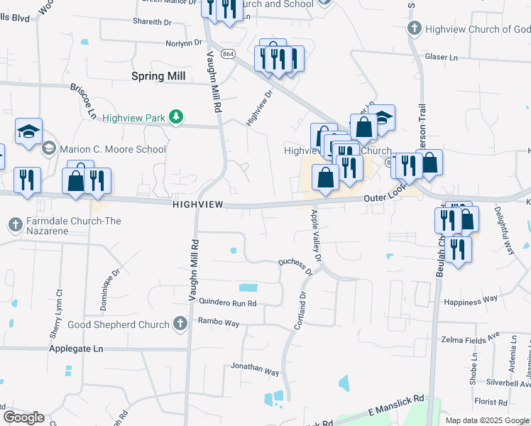 map of restaurants, bars, coffee shops, grocery stores, and more near 7311 Outer Loop in Louisville