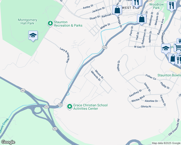map of restaurants, bars, coffee shops, grocery stores, and more near 1009 Blackburn St in Staunton