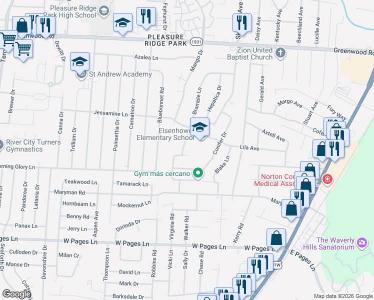 map of restaurants, bars, coffee shops, grocery stores, and more near 5402 Bramble Court in Louisville