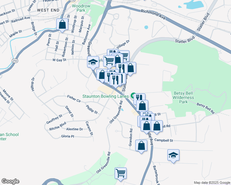 map of restaurants, bars, coffee shops, grocery stores, and more near 704 Greenville Avenue in Staunton